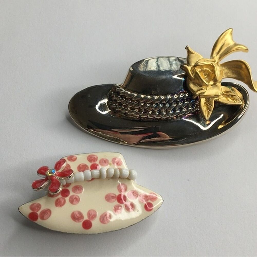 Vitg Tana Two Tone Hat Flower Floral‎ Enamel Brooch Pin Lot Whimsy Grannycore
